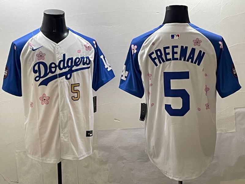 Men Los Angeles Dodgers 5 Freeman White Blue Sakura Edition 2025 Nike MLB Jersey style 7